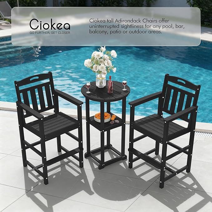 Ciokea Heavy Duty Bar Height Chair, 380lbs Outdoor Adirondack Tall Bar Chair Patio Stool with Arms & High Back, Heavy Duty All-Weather for Balcony, Poolside, Deck and Garden, Black