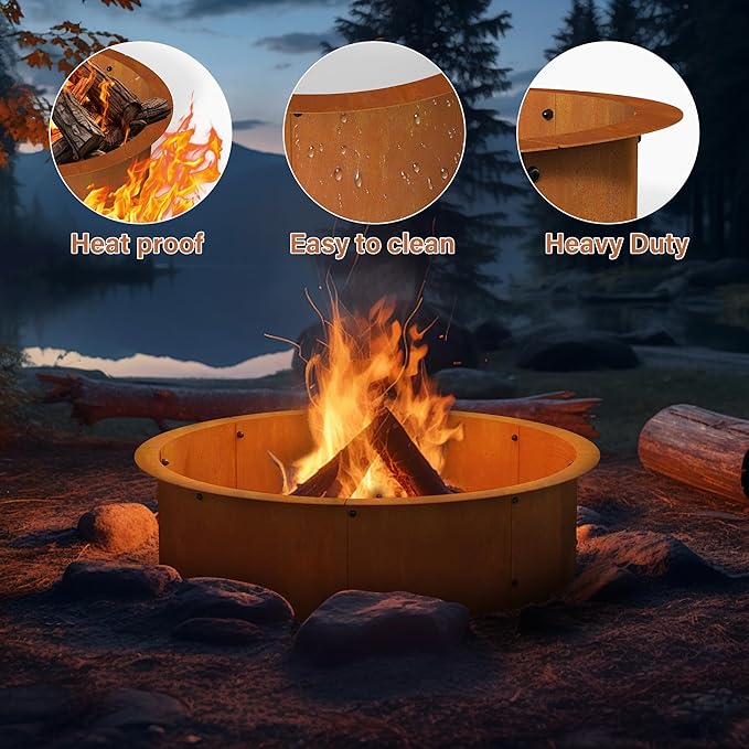 39” Extra Thickened Corten Steel Fire Pit Ring for Outdoor Wood Burning, Heavy-Duty Above & In-Ground Fire Ring, Round Backyard Patio Campfire Accessory for Family Gathering