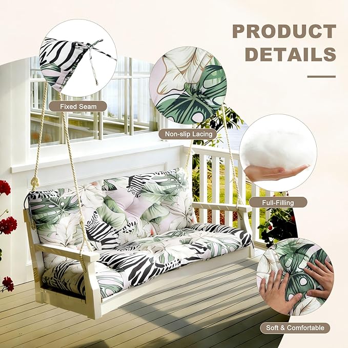 Porch Swing Cushion with Backrest,Waterproof Bench Cushion for Outdoor Furniture,2-3 Seater Replacement Thickened Swing Cushion with Ties,Patio,Outdoor,Backyard and Garden (Zebra Floral,40x40")