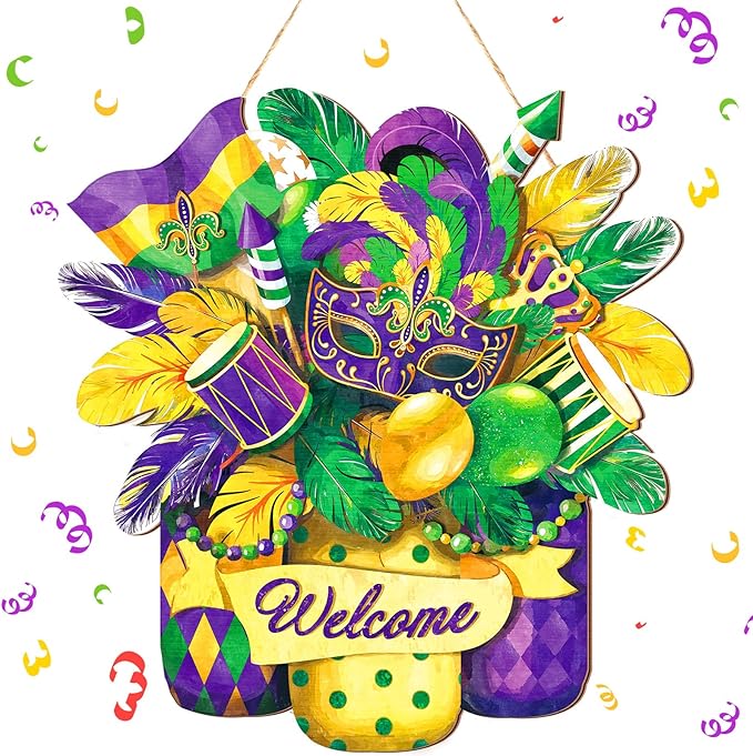 Boao Welcome Mardi Gras Door Decorations Mardi Gras Sign Hanging Decoration wall Hanger Masquerade Carnival Wreath for Outdoor Farmhouse Porch Front Door Decor