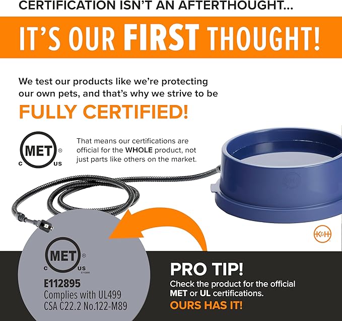 K&H Pet Products Thermal-Bowl Heated Water Bowl for Cats & Dogs Outside, Safety Listed Outdoor Heated Dog Dish for Pets, Automatic No Freeze, Anti Chew Cord - 96 Ounces Blue 25W