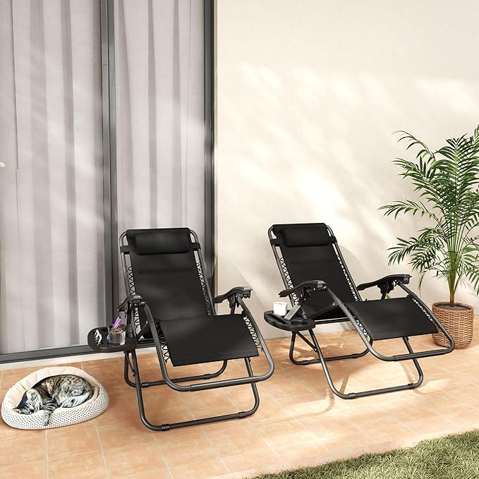 Outsunny Zero Gravity Chairs Set of 2, Reclining Folding Zero Gravity Lounge Chair, Outdoor Lounge Chairs with Cushion, Headrest, and Cup Phone Holder Tray for Patio, Beach, Black