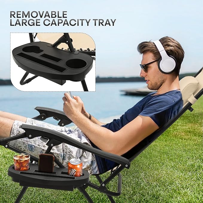 Athena Collection Zero Gravity Chair, Outdoor Lounge Chair with Adjustable Pillow and Cup Holder, Reclining Camping Chair for Outside Beach Lawn Garden Patio Poolside Set to 2- Cream