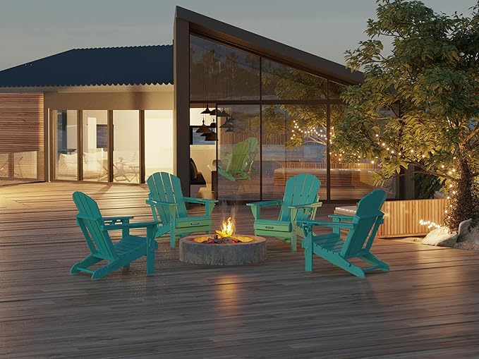 MUCHENGHY Folding Adirondack Chairs 6 Pack, Patio Chairs, Outdoor Chairs, Adirondack Chair Plastic, Fire Pit Chairs, Weather Resistant with Cup Holder for Deck, Backyard, Garden(Lake Blue)