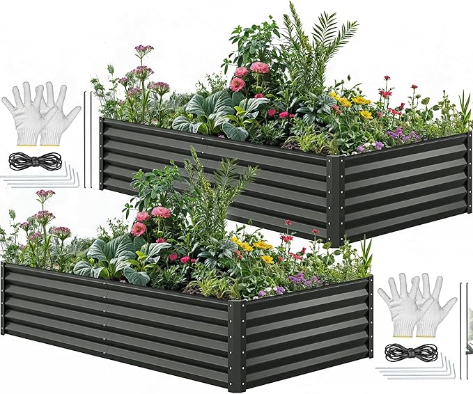 YITAHOME 96x48x18 in 2pcs Galvanized Raised Garden Bed Kit, Large Metal Planter Box with Gloves, Safety Rubber & Support Rod, Outdoor Flower Bed for Plants Vegetables, Black