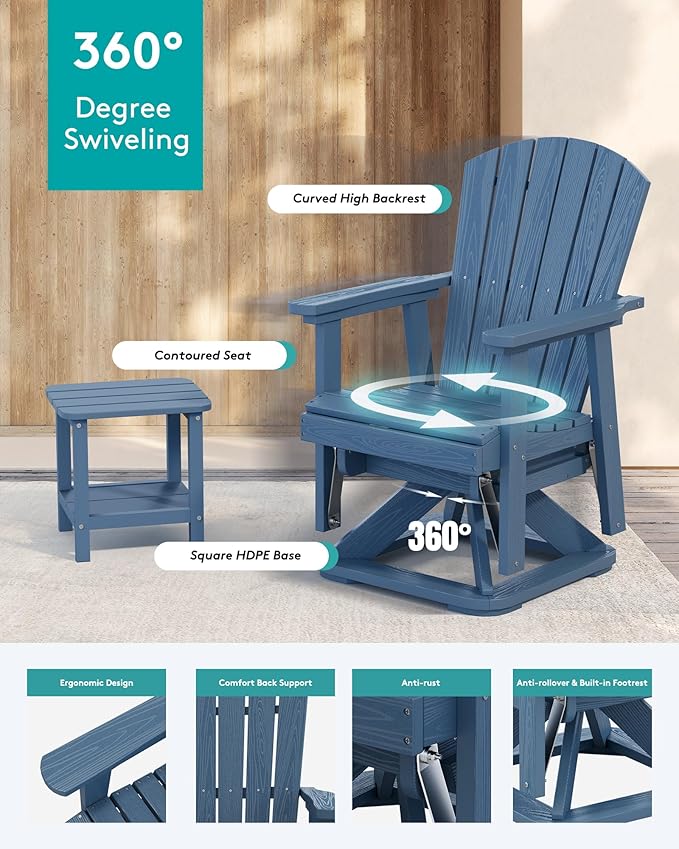 SERWALL Adirondack Swivel Glider Chair, HDPE Patio Glider Set of 2, All-Weather Glider Chair for Porch, Balcony, Navy Blue