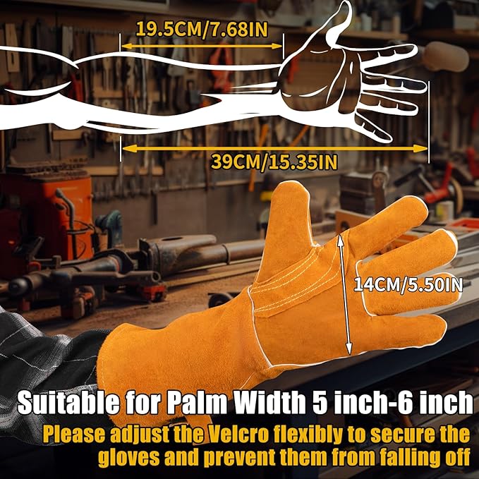 16 Inch Leather Welding Gloves Fire Heat Resistant for Men & Women in Mig Tig Stick Welding or Wood Stove, X-Large