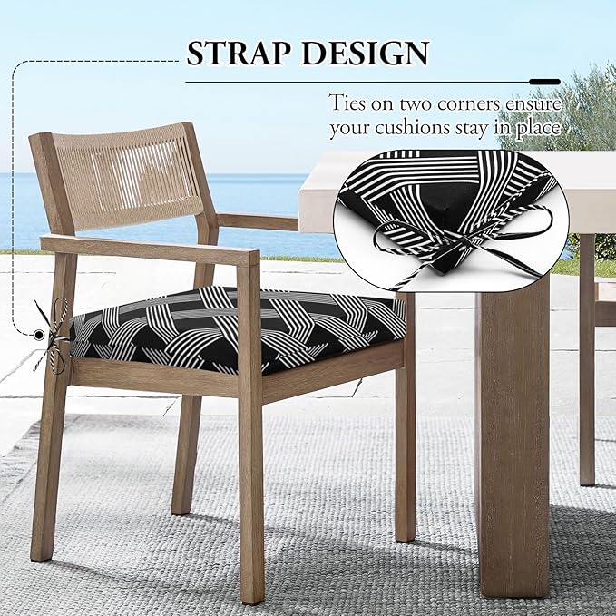 Wellsin Outdoor Chair Cushions for Patio Furniture - Outdoor Cushions for Chairs - Water Resistant Patio Chair Cushions Set of 4, 18.5"X16"X3", Black Geometry
