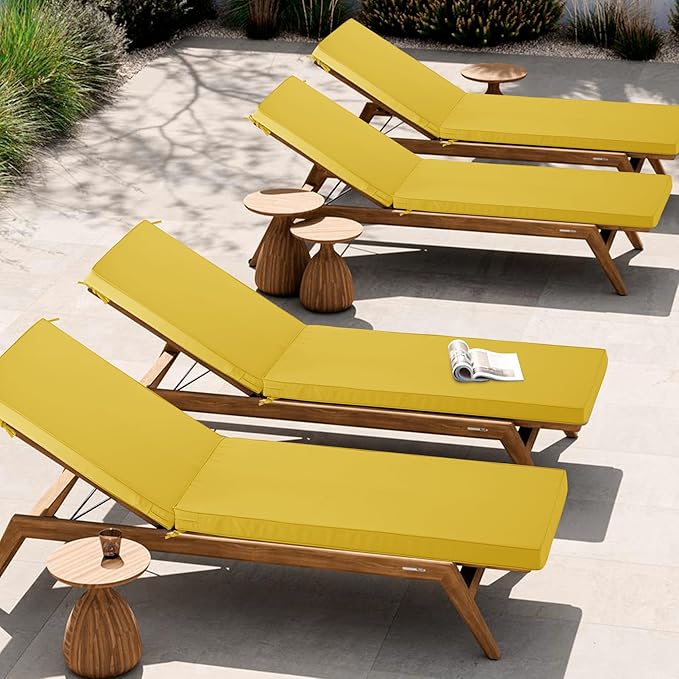 Chaise Lounge Cushion Outdoor, Waterproof and Stain-Resistant Lounge Deck Reclining Chair Cushions for Patio Furniture Lawn Pool Resort Hotel, 72x21x3 Inch, Set of 4, Yellow