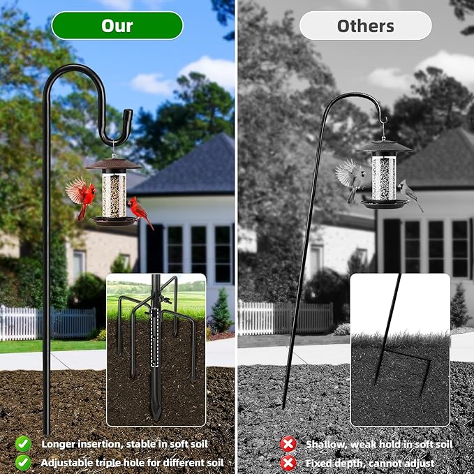 94" Heavy Duty Shepherds Hooks for Outdoor, Bird Feeder Pole with 5 Prong Base, Adjustable Height Shepherds Hook for Hummingbird Feeder, Bird Feeder, Plant, Wind Chimes,Lanterns,Wedding Decor (1 Pack)