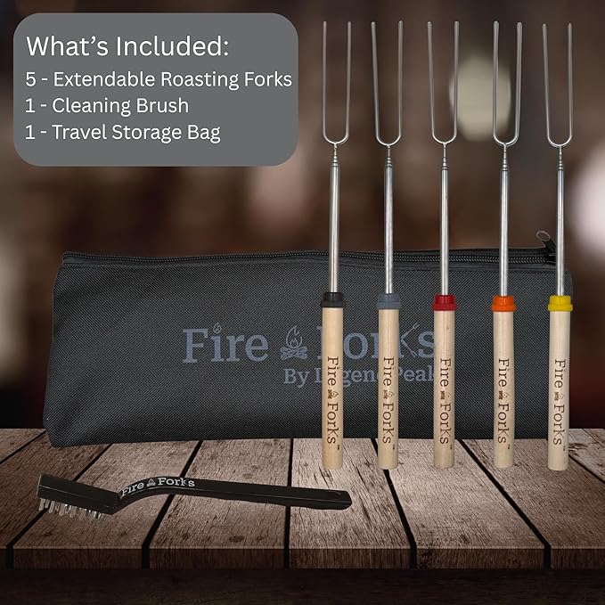 Fire Forks by LegendPeak - Marshmallow Roasting Sticks | 32” Extendable Skewers w/Color-Coded Handles, Safe Flat Tips, Cleaning Brush & Travel Bag for Campfire, Fire Pit, BBQ, S’mores (5 Pack)