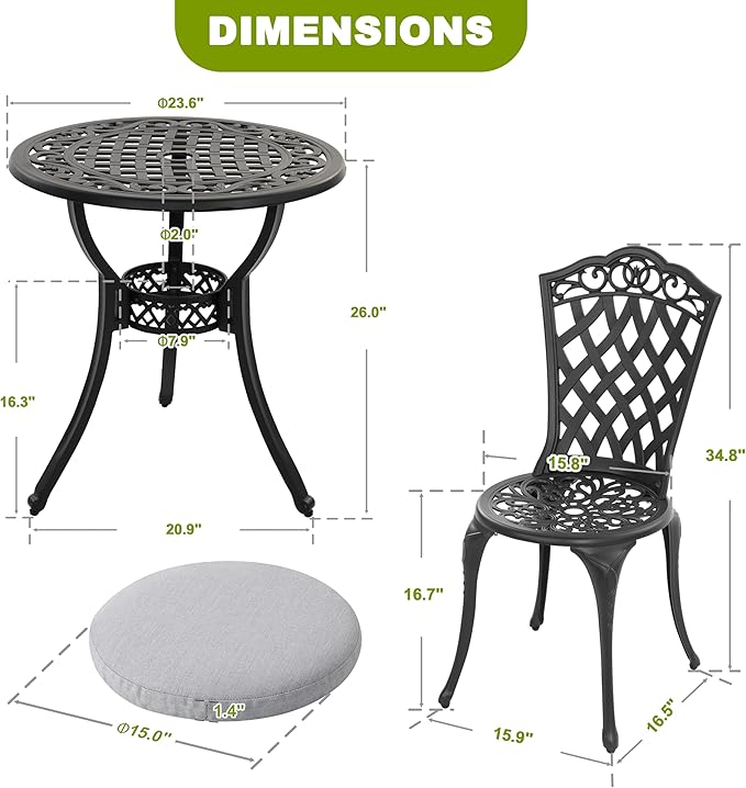 NUU GARDEN Patio Bistro Set 3 Piece, Outdoor Cast Aluminum Bistro Table and Chair Set of 2, Outdoor Patio Bistro Set with Gray Cushions and Umbrella Hole for Balcony, Garden, Lawn, Black