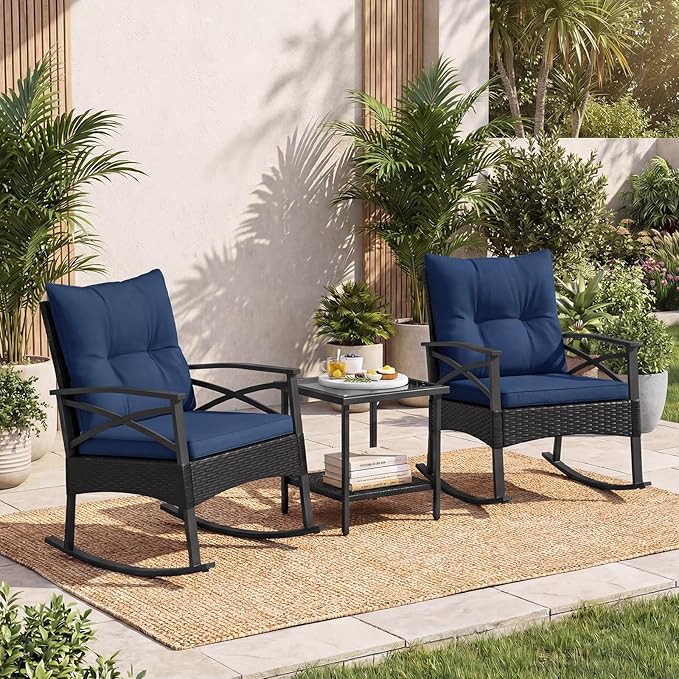 Tangkula 3 Pieces Outdoor Rocking Chairs Set, Rattan Heavy Duty Cushioned Rocker Chairs with 2-Tier Tempered Glass Coffee Table, for Garden, Balcony, Backyard (Black+Navy)