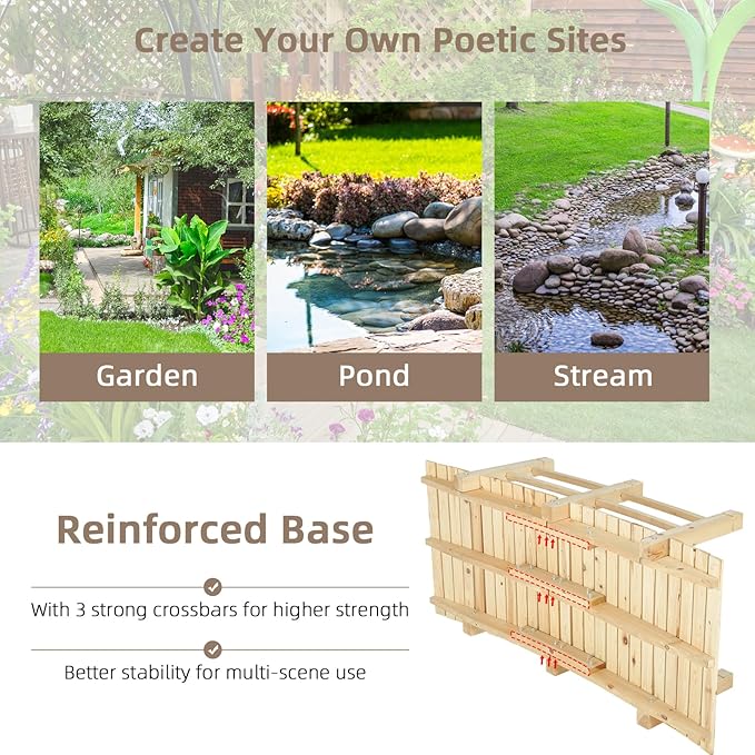 Wood Garden Bridge Classic Wooden Arch Stained Finish Footbridge with Safety Railings, 530 lbs Capacity, Decorative Pond Bridge Landscaping for Outdoor Garden Backyard Creek Farm, Natural