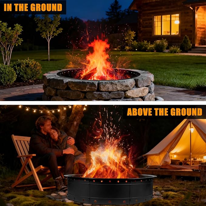36 Inch Fire Pit Ring, Large Outdoor Campfire Pit for Patio Backyard Garden, Smokeless Steel Firepit with Air Vent for Efficient Burning & Anti-Rust Coating, Black Steel