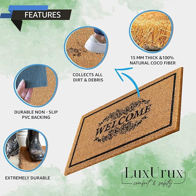 LuxUrux Welcome Mats Outdoor Coco Coir Doormat, with Heavy-Duty PVC Backing - Natural - Perfect Color/Sizing for Outdoor/Indoor uses. (24 x 36 Inch)