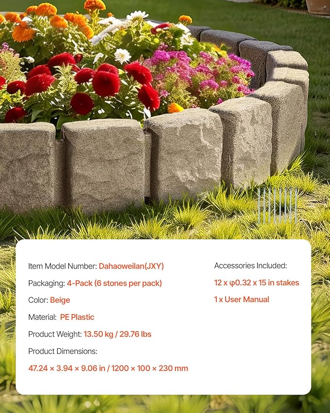 VEVOR Faux Stone Landscape Edging, No Dig Garden Edging Border, Flexible Blocks for Lawn Edging, Flower Beds, Driveway, Yards with 12 Spikes, 4 Pack 24 Bricks 16FT Kit, 47.2" Lx 4" W x 9" H, Beige