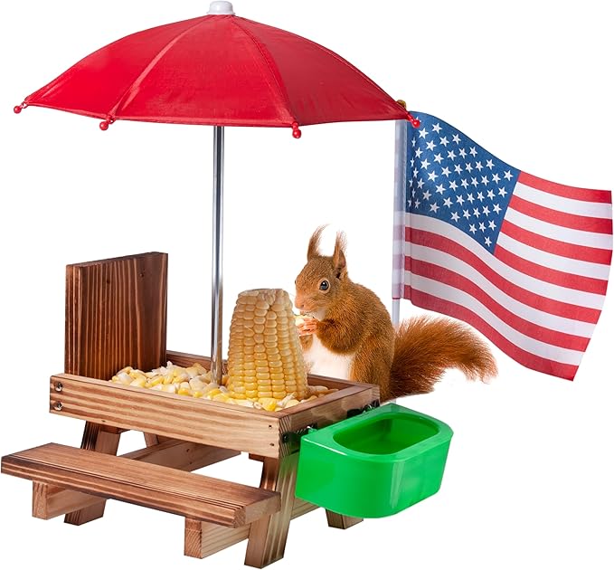 Squirrel Feeder Picnic Table with Water Bowl, Squirrel Feeders for Outside with Umbrella, Brown Squirrel Feeder with Corn Cob Holder Cute Chipmunk Feeder for Yard and Porch Decoration