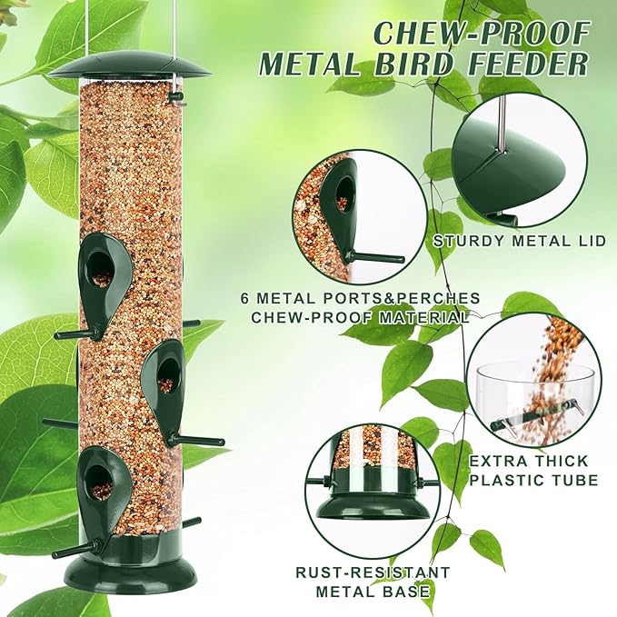 FEED GARDEN Metal Bird Feeder - 6 Port Tube Feeder for Outdoors, Heavy Duty Squirrel Proof with Metal Lid, Easy Fill & Clean, Weather Resistant, 13 Inch