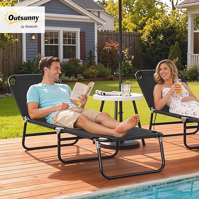 Outsunny Folding Chaise Lounge Pool Chairs, Outdoor Sun Tanning Chairs with 5-Level Reclining Back, Steel Frame for Beach, Yard, Patio, Black