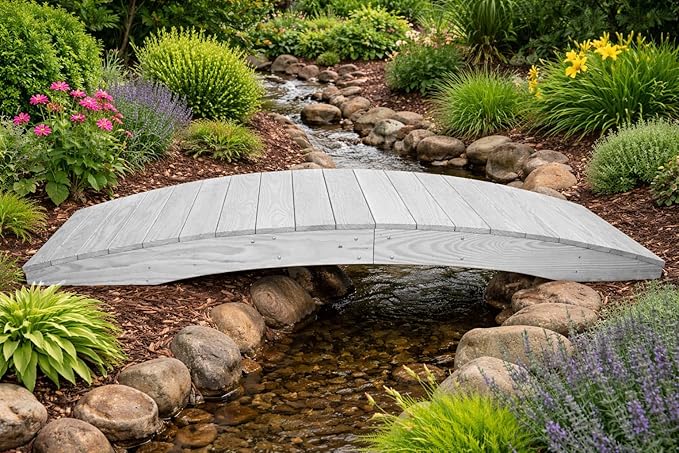 8 FT White Amish Made Pinewood Heavy Duty Garden Bridge for Walkway, Backyard Pond & Landscaping, Outdoor Wooden Footbridge for Koi Pond, Japanese Style Decorative Bridge, Made in USA