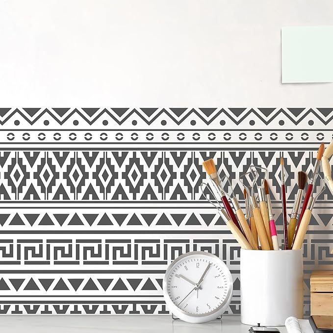 Sistink Reusable Aztec Stencils for Painting - 8 Pcs Tribal Stencils for Crafts Reusable, Boho Corner Stencil for Painting, DIY Aztec Templates on Wood Cabinets Wall Decor