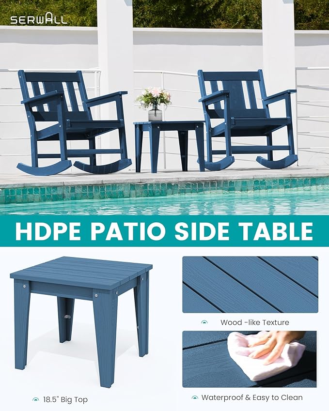 SERWALL Outdoor Rocking Chairs Set of 2 with Side Table, All-Weather HDPE 3 Piece Patio Furniture Set, Outdoor Bistro Set for for Porch Deck Lawn Balcony, Blue