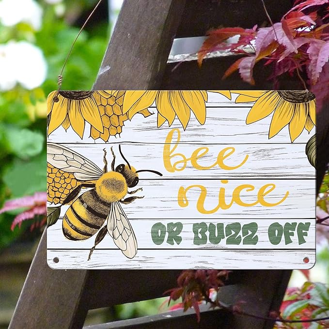 Bee Nice or Buzz Off Decor Sign Vintage Metal Tin Sign Country Farmhouse Decor Home Decor Rustic Farmhouse Decorations for The Home 8x12inch
