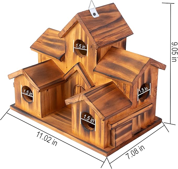 Bird Houses for Outside,Outdoor 5 Hole Bird House Room for 5 Bird Families Bluebird Finch Cardinals Hanging Birdhouse for Garden (Brown - Set of 1)