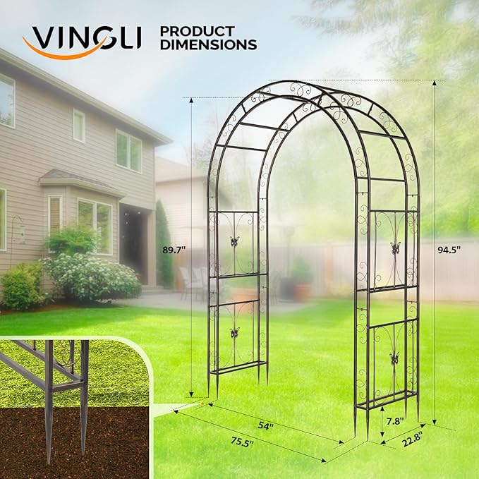 VINGLI Garden Arbor, Arch Archway for Wedding Ceremony Party, Steel Garden Trellis for Plant Climbing, Christmas Garden Decorations Pergola for Garden, Backyard, Lawn (75.5x22.8x94.5) (Bronze)