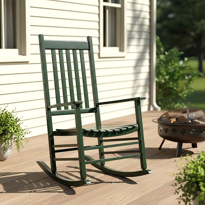 Shine Company Vermont Porch Rocker, High Back Wood Rocking Chair, Dark Green