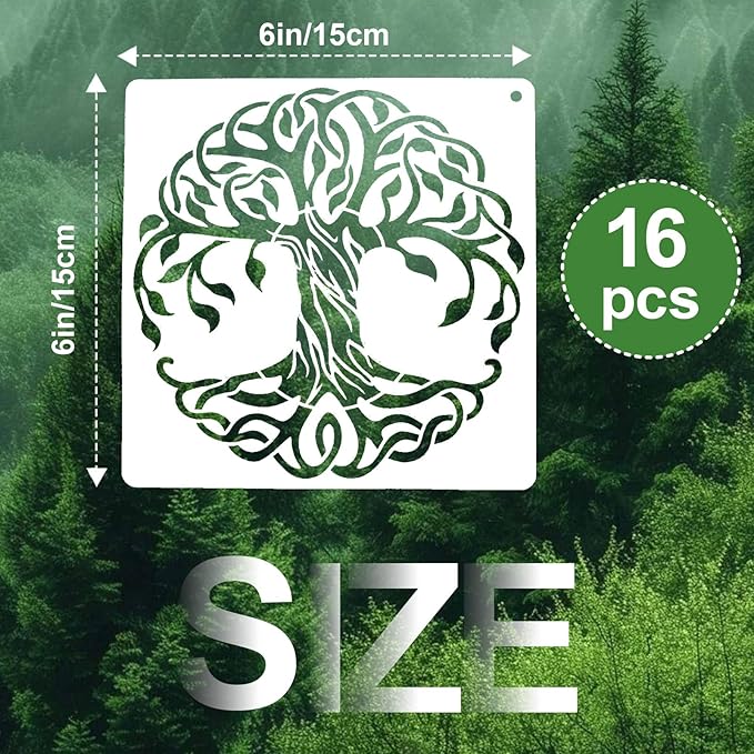 16 PCS Tree Stencils for Painting, Stencils for Crafts Reusable 6 x 6 Inch Tree of Life Templates for Wood Signs Journals Canvas and Spiritual Decor