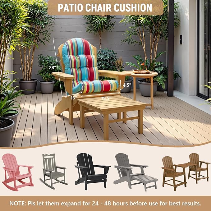 Adirondack Chair Cushion Set of 4, Rocking Chair Cushions, High Back Patio Cushions, Thickened Weather Resistant Patio Cushion with 6 Ties, Non Slip Fade & Waterproof