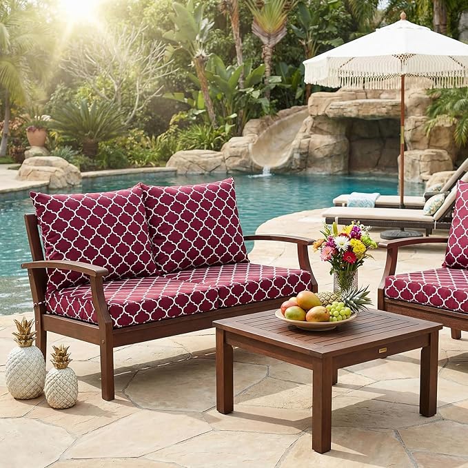 Hoteam 4 Set Outdoor Chair Patio Cushions Deep Seat Waterproof Chair Cushions 20 x 20 Inch for Patio Furniture Set Replacement Removable Seat and Back(Maroon Lantern)