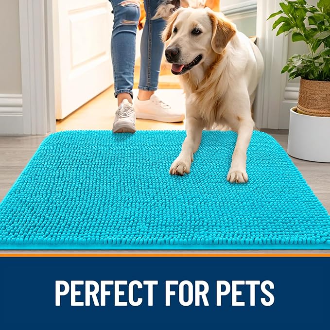 OLANLY Dog Door Mat for Muddy Paws 45x27, Absorbs Moisture and Dirt, Absorbent Non-Slip Washable Doormat, Quick Dry Chenille Mud Mat for Dogs, Entry Indoor Entryway Carpet for Inside Floor, Aqua Blue