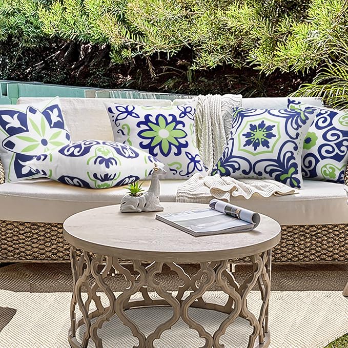 Pyonic Set of 4 Outdoor Pillow Covers 18x18 Waterproof Decorative Throw Pillow Covers Floral Printed Farmhouse Boho Pillowcase for Patio Funiture Garden Navy Blue