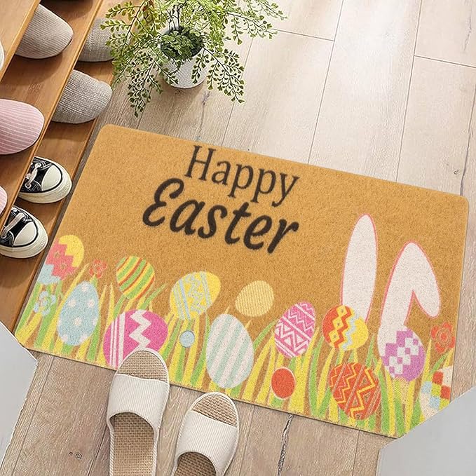 Easter-Decorative-Welcome-Doormat Outdoor-Entrance Easter Bunny Door Mat Non Slip Coir Front Door Mats for Spring Home Decor 17" x 29"