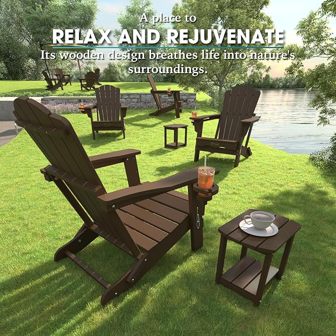 Folding Adirondack Chair Set of 4,HDPE All-Weather Outdoor Chair with Cup Holder,Wooden Textured,Fire Pit Chair,Plastic Patio Chair for Deck,Backyard,Garden,Lawn(Brown)