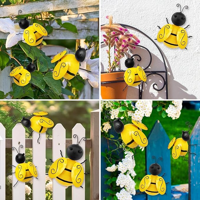 Metal Outdoor Wall Art Decor, 6 PCS Bumble Bee Decor Outdoor Wall Decors, Fence Decorations Outdoors Metal Garden Decors Outdoors Decorations for Yard Art Home