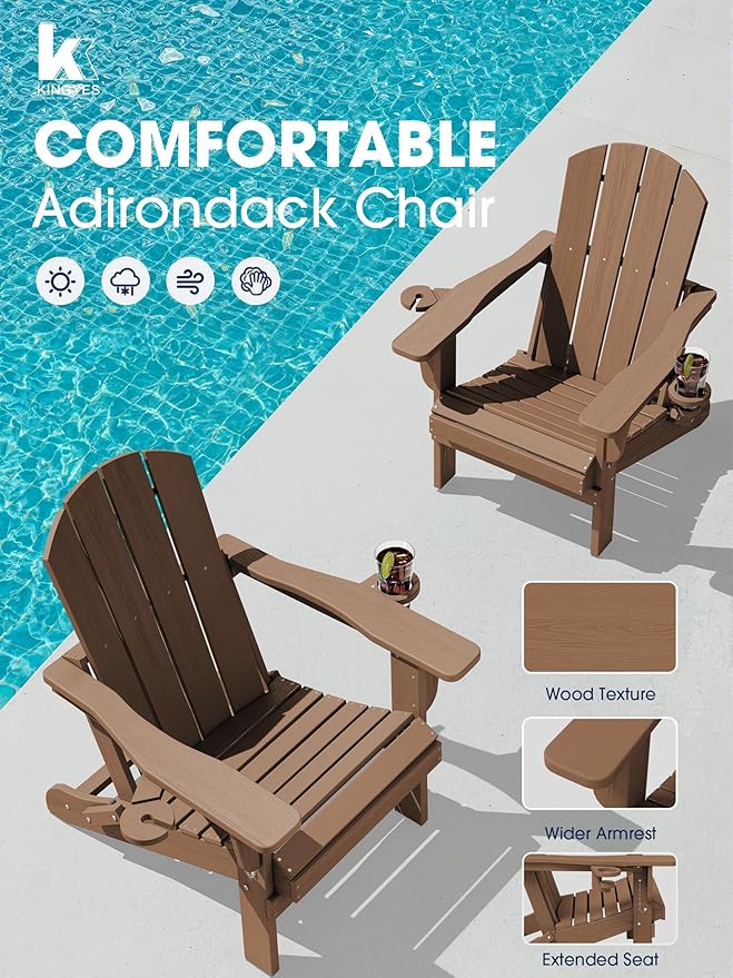 KINGYES Folding Adirondack Chair with Dual Cup Holders - HDPE All-Weather Outdoor Chairs, Wood-Like Patio Chair for Backyard, Camping, Pool & Fire Pit, Brown