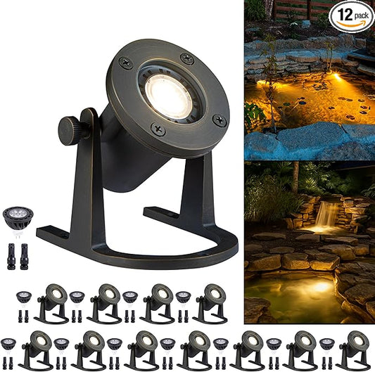 Gardenreet Solid Brass Underwater Pond Light - 12V Low Voltage IP68 Submersible Bronze Fixture, with 5000K MR16 LED for Outdoor Pond Fountain Waterfall Landscape Lighting(12 Pack)
