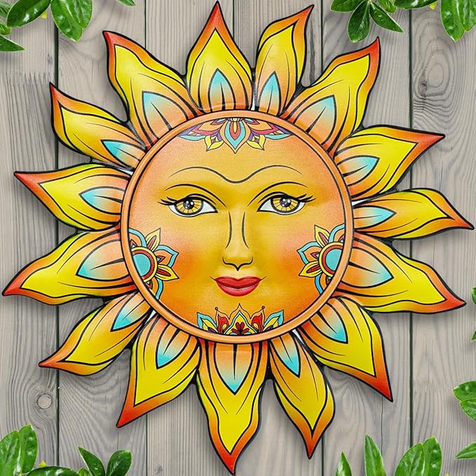 Metal Sun Flower Wall Decor - 13 inches Sun Wall Art Hanging Decorations for Outdoor, Home Garden Yard Patio Fence Bedroom Decor, Gifts for Mom Friends