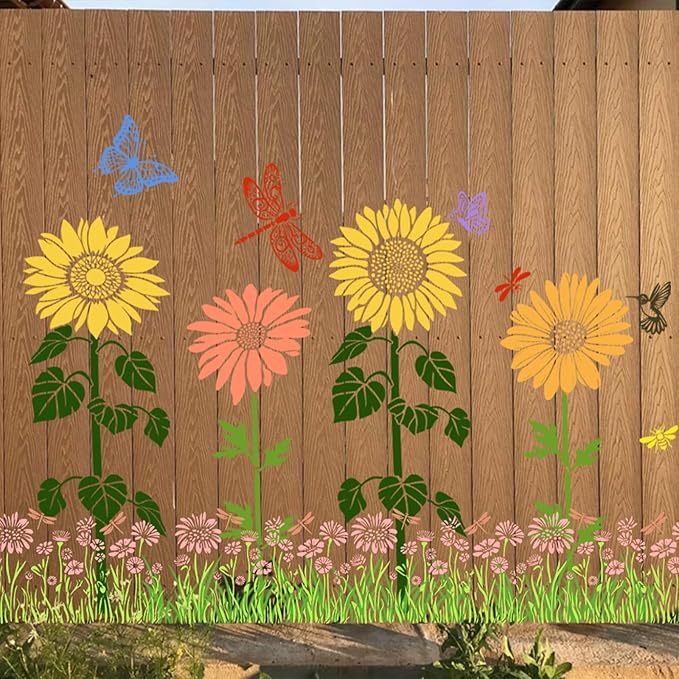 10 Pcs Large Sunflower Stencils for Painting Reusable Floral Butterfly Leaf Crafts Stencils Set for DIY Drawing, Walls, Wood, Window, Garden Fence Furniture
