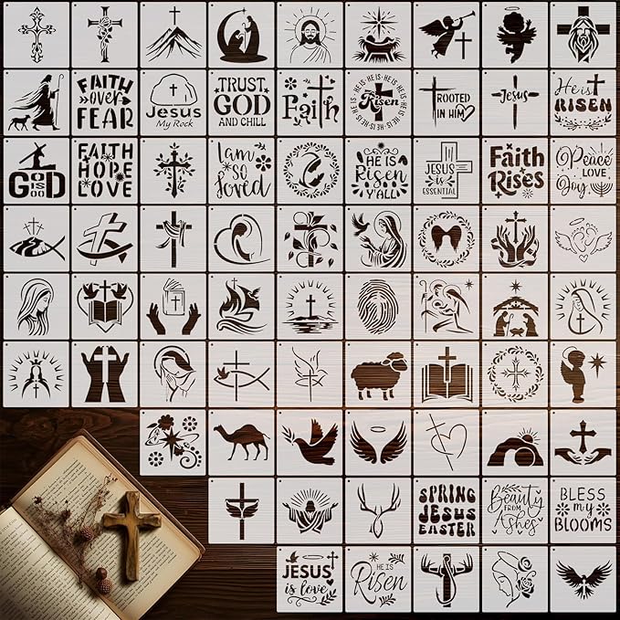 Marspark 72 Pcs Spring Easter Small Stencils for Crafts Reusable 3 Inch Stencils for Painting on Wood DIY Craft Paint Template for Wall Home Decor Card Rock Canvas Drawing Holiday (Jesus)