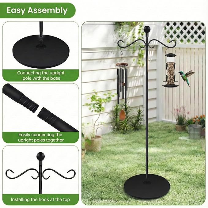 58 Inch Double Shepherds Hooks for Outdoor Indoor with Round Base Stand, Adjustable Shepherds Hook for Bird Feeder, Wind Chime, Solar Light for Garden Patio Home Decor