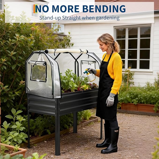 GarveeLife Raised Garden Bed with Legs, Galvanized Metal Elevated Garden Bed with Cover & Built-in Spray Tube, Raised Planter Box for Backyard, Patio, Balcony, 48x24x55 in, Black