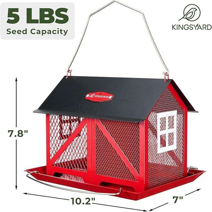 Kingsyard Metal Bird Feeder for Outdoors Hanging, 2-in-1 Wild Bird Feeder with Seed Tray & Built-in Perch, 5 lb Large Capacity for Cardinal Chickadee Finch, Red