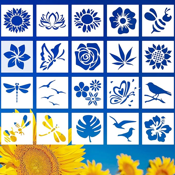 20 PCS 6 Inch Flower Painting Stencils, Sunflower Bee Reusable Plastic Paint Templates, Rose Butterfly Birds Stencils Set for Painting on Wood Rock Canvas Fabric Glass Art Pottery DIY Craft Decor