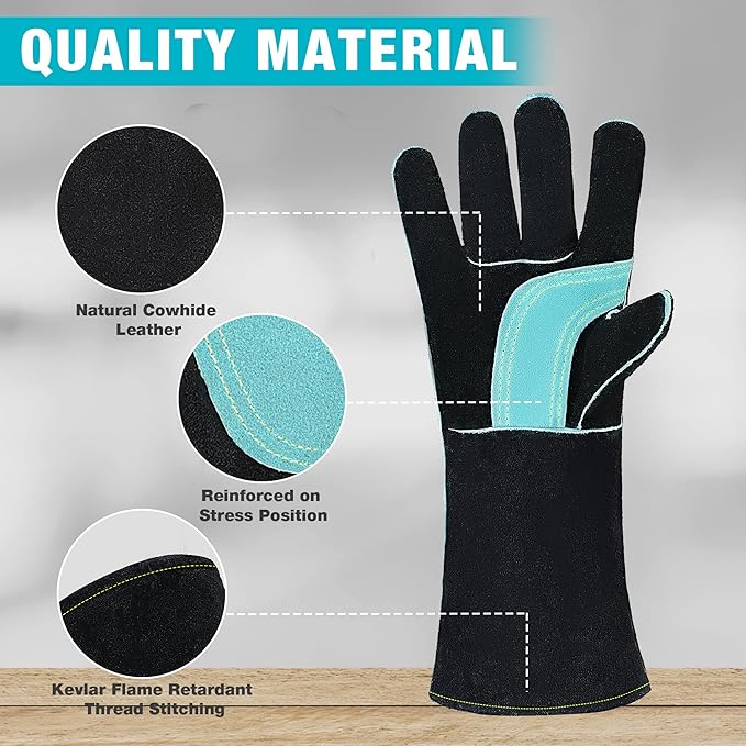 DURATECH Welding Gloves, 16″Long Sleeve Fireplace Gloves with Kevlar Stitching, 932℉ Heat/Fire Resistant Cow Leather Gloves, Carbon Fiber Lining, for Mig, Tig, Stick, Forge, BBQ, Grill, Fireplace