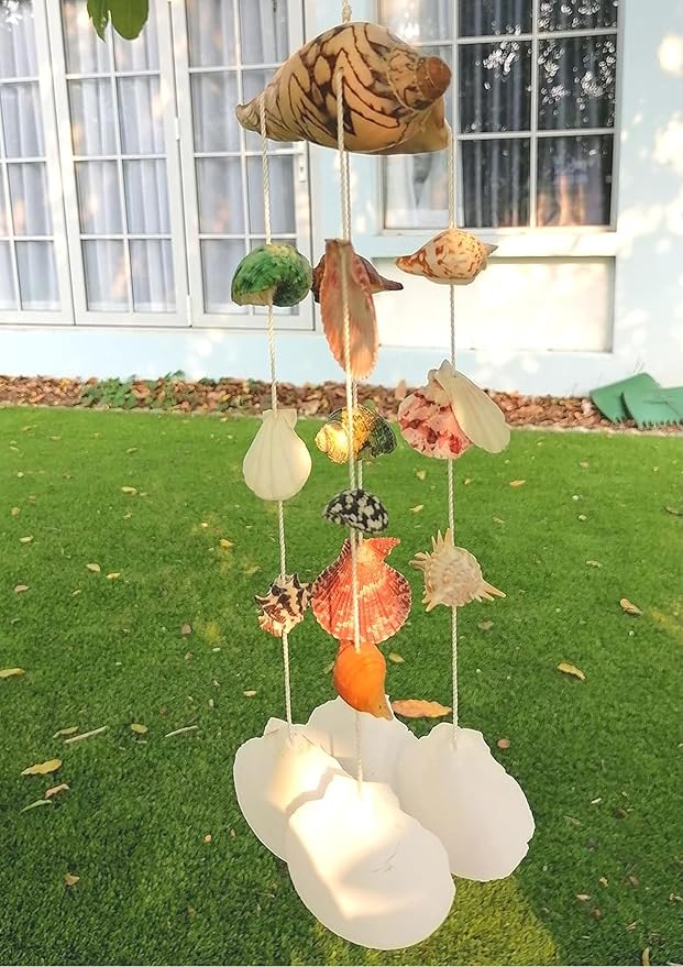 Seashell Wind Chimes, Windchimes Outdoor Indoor Beach Home Décor Hanging for Patio Garden Porch Yard, Genuine Seashells